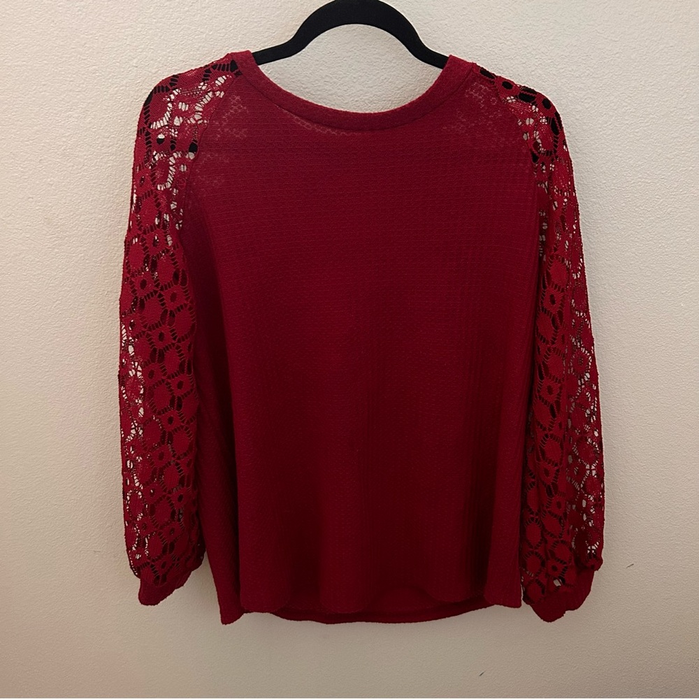 Waffle Knit Top Womens XL Burgundy Crochet Lace Sleeve Raglan Pullover